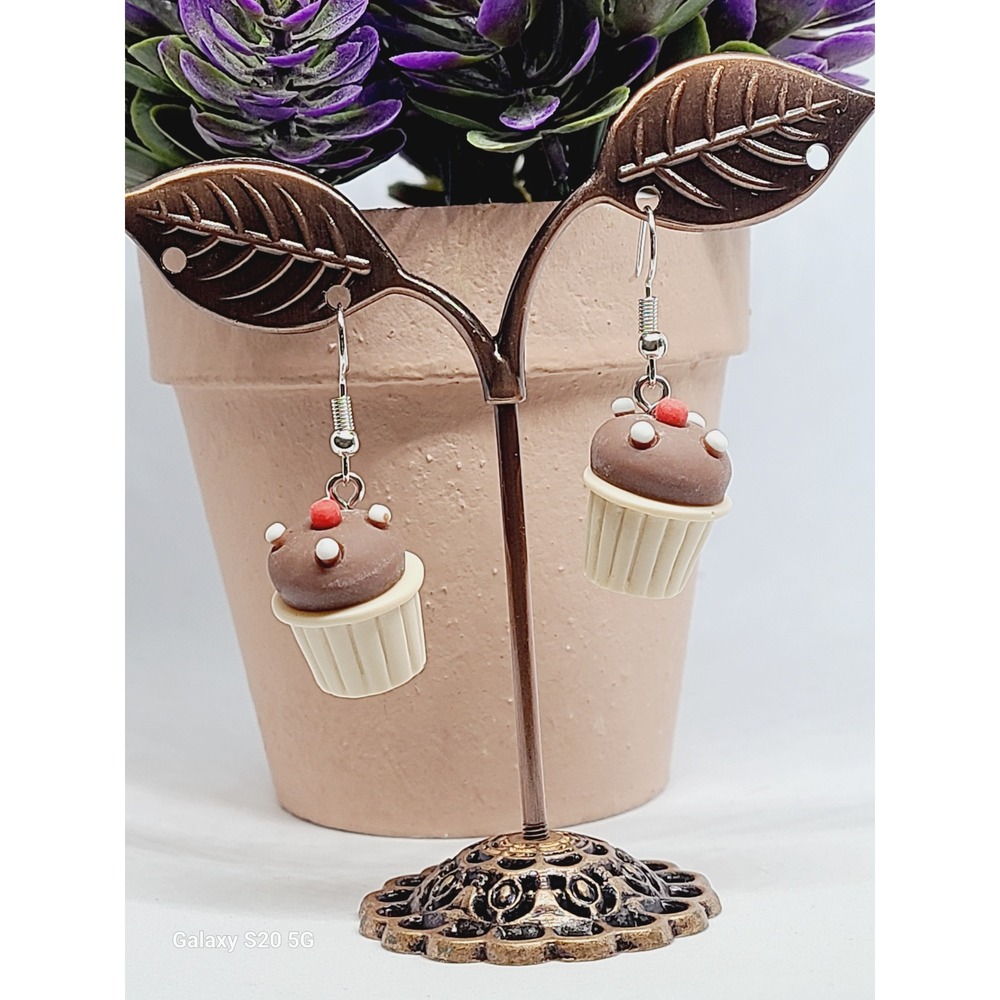 Chocolate‎ Cupcake Polymer Clay Dangle Earrings Silver Tone Novelty Food Jewelry